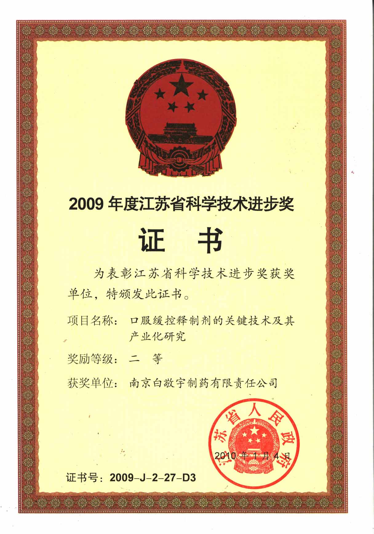 2009年緩釋技術科學進步二等獎
